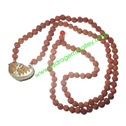 Picture of Rudraksha 1 mukhi (one face) beads, kaju shape (cashewnut shape) Indonesian pure original rudraksha beads as locket in 7mm 5 mukhi (five face) Indonesian 108 beads knotted mala.