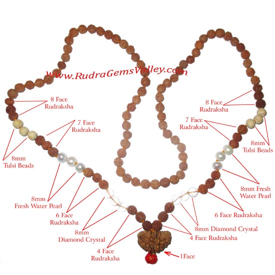 Picture of Rudraksha 1 face 1 pcs., 4 face 6 pcs., 5 face 66 pcs., 6 face 6 pcs., 7 face 6 pcs., 8 face 6 pcs., diamond crystal sphatik 6 pcs., fresh water pearl 6 pcs. and tulsi beads 6 pcs. Total 108+1 beads prayer mala.