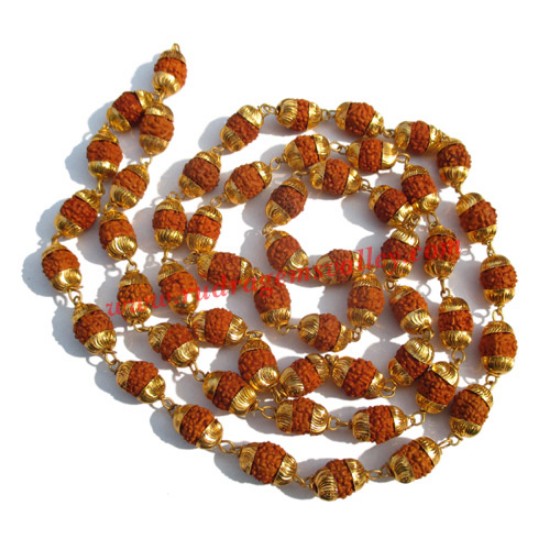 Picture of Rudraksha 5 mukhi (five face) 7mm to 8mm beads mala of 54+1 beads with gold plated metal caps, no tassel, Indonesian pure original rudraksha, also available in natural color as well as dyed color with or without knots, pack of 1 mala.