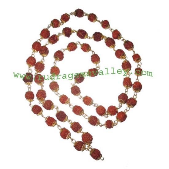 Picture of Rudraksha 5 mukhi (five face) 7mm to 8mm beads mala of 54+1 beads with gold plated metal caps, no tassel, Indonesian pure original rudraksha, also available in natural color as well as dyed color with or without knots, pack of 1 mala.