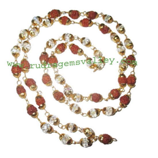 Picture of Rudraksha 5 mukhi (five face) 7mm to 8mm beads mala of 54+1 beads (25 rudraksha and 30 diamond glass beads) knotted in gold plated metal wire with caps, no tassel, Indonesian pure original rudraksha, also available in natural color as well as dyed color w