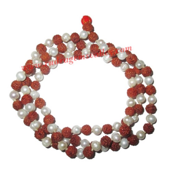 Picture of Rudraksha 5 mukhi (five face) 7mm to 7.5mm beads mala of 108+1 beads including 54 fresh water pearls, no tassels, Indonesian pure original rudraksha, available in natural color as well as dyed color with or without knots, pack of 1 string.
