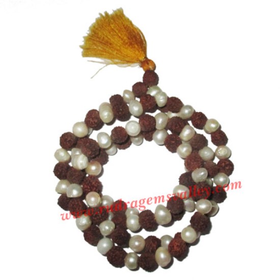 Picture of Rudraksha 5 mukhi (five face) 7mm to 7.5mm beads mala of 108+1 beads including 54 fresh water pearls, Indonesian pure original rudraksha, available in natural color as well as dyed color with or without knots, pack of 1 string.