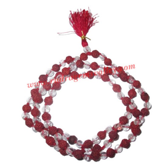 Picture of Rudraksha 5 mukhi (five face) 7mm to 7.5mm beads mala of 108+1 beads including 54 crystal stones (sphatik), Indonesian pure original rudraksha, available in natural color as well as dyed color with or without knots, pack of 1 string.