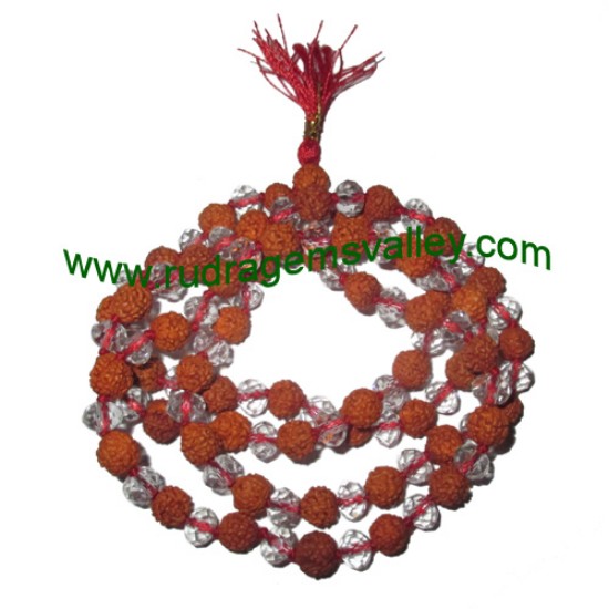 Picture of Rudraksha 5 mukhi (five face) 7mm to 7.5mm beads mala of 108+1 beads including 54 faceted clear glass beads, Indonesian pure original rudraksha, available in natural color as well as dyed color with or without knots, pack of 1 string.