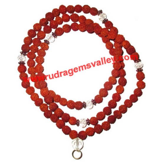 Picture of Rudraksha 5 mukhi (five face) 7mm to 8mm beads mala (of 108 rudraksha and 7 crystal glass beads and a ring for hanging pendant), Indonesian pure original rudraksha, available in natural color as well as dyed color with or without knots, pack of 1 string.