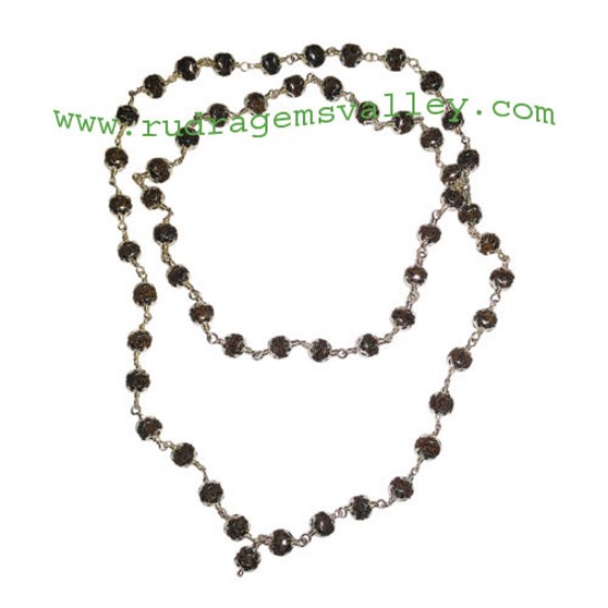 Picture of Rudraksha 5 mukhi (five face) 5.5mm to 6mm mala of 54+1 beads in sterling silver (real silver) cap and wire, no tassel, Indonesian pure original rudraksha, also available in natural color as well as dyed color with or without knots, pack of 1 mala.