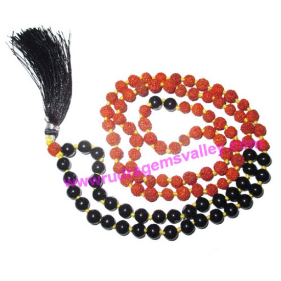 Picture of Rudraksha 5 mukhi (five face) 7mm 73 beads and 36 black star stone mala total 108+1 beads, Indonesian pure original rudraksha, we also welcome custom design orders, pack of 1 mala.