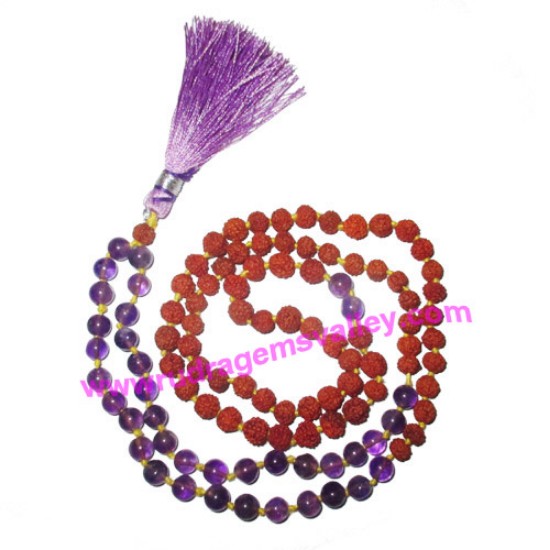 Picture of Rudraksha 5 mukhi (five face) 7mm 73 beads and 36 amethyst stone mala total 108+1 beads, Indonesian pure original rudraksha, we also welcome custom design orders, pack of 1 mala.