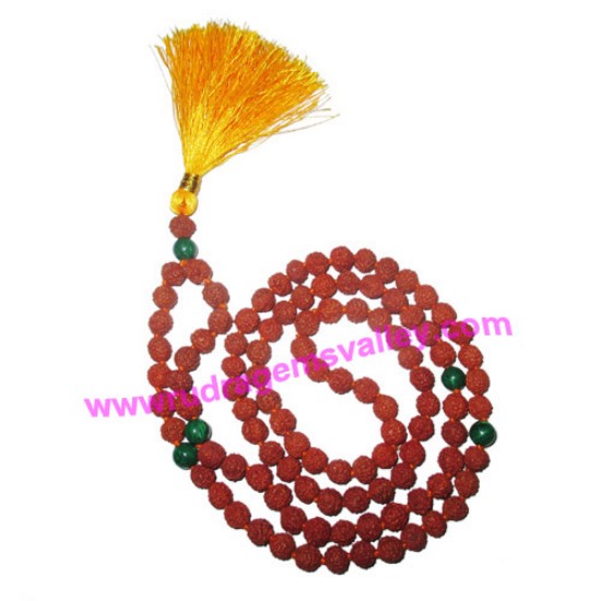 Picture of Rudraksha 5 mukhi (five face) 7mm 104 beads and 5 malachite stone mala total 108+1 beads, Indonesian pure original rudraksha, we also welcome custom design orders, pack of 1 mala.