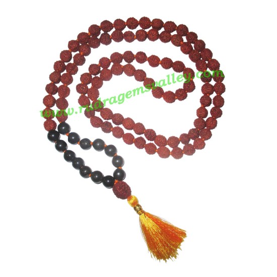 Picture of Rudraksha 5 mukhi (five face) 8mm with black agate stone prayer mala (94+1 pcs. rudraksha and 14 pcs. black agate), Indonesian pure original rudraksha with black agate mala. We also welcome custom design orders. Pack of 1 mala.
