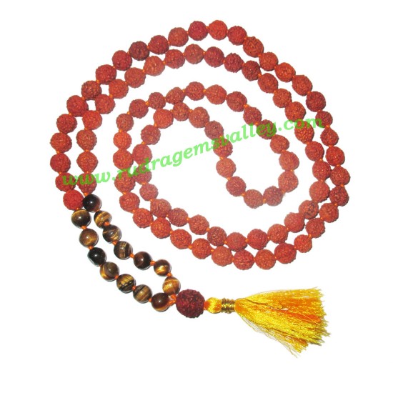 Picture of Rudraksha 5 mukhi (five face) 8mm with tiger eye stone prayer mala (94+1 pcs. rudraksha and 14 pcs. tiger eye), Indonesian pure original rudraksha with tiger eye mala. We also welcome custom design orders. Pack of 1 mala.