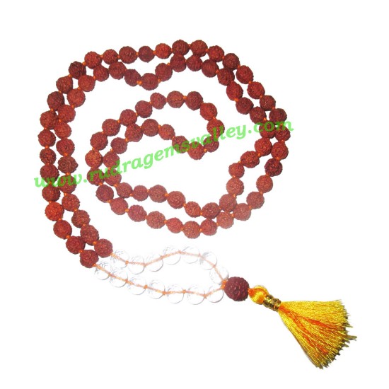 Picture of Rudraksha 5 mukhi (five face) 8mm with diamond-cut-crystal-sphatik prayer mala (94+1 pcs. rudraksha and 14 pcs. sphatik), Indonesian pure original rudraksha with sphatik mala. We also welcome custom design orders. Pack of 1 mala.