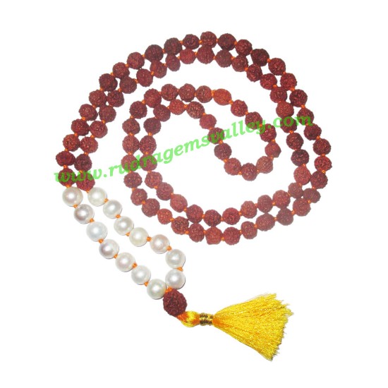 Picture of Rudraksha 5 mukhi (five face) 8mm with fresh water pearl prayer mala (94+1 pcs. rudraksha and 14 pcs. fresh water pearl), Indonesian pure original rudraksha with fresh water pearl mala. We also welcome custom design orders. Pack of 1 mala.