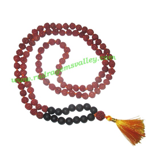 Picture of Rudraksha 5 mukhi (five face) 8mm with lava rock jwajamukhi prayer mala (94+1 pcs. rudraksha and 14 pcs. black lava rock), Indonesian pure original rudraksha with lava jwalamukhi mala. We also welcome custom design orders. Pack of 1 mala.