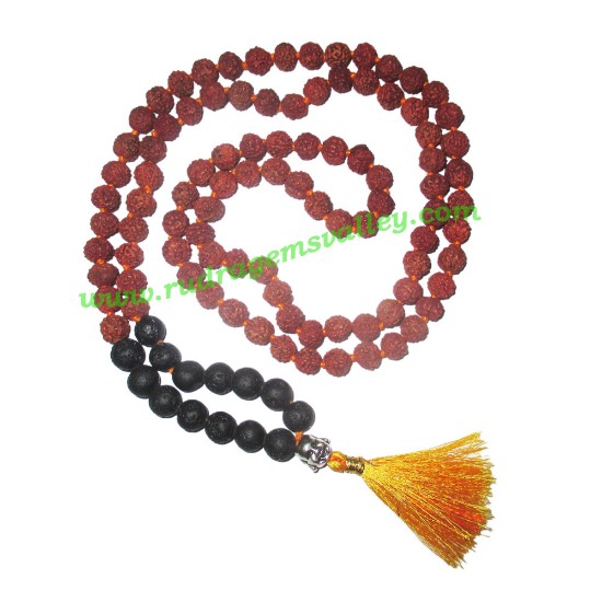 Picture of Rudraksha 5 mukhi (five face) 8mm with lava rock jwajamukhi prayer mala (94 pcs. rudraksha, 1 budha and 14 pcs. black lava rock), Indonesian pure original rudraksha with lava jwalamukhi mala. We also welcome custom design orders. Pack of 1 mala.