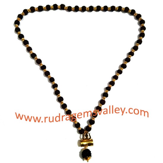 Picture of Black rudraksha 5 face 8.5mm beads mala with gold plated metal caps-trishul-pendant, you may put yantra under damaru (it is enabled with screw to put yantra in it) total 55 beads in it, length (circumference) 27 inches.