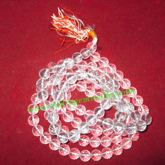 Picture of Sphatik crystal faceted diamond cut 6mm round 108+1 beads prayer mala, weight approx 50 grams, pack of 1 mala