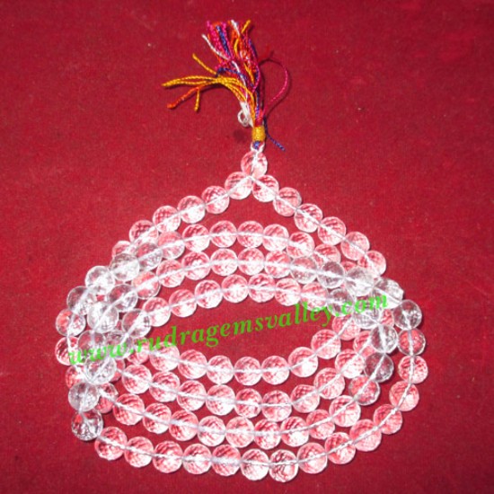 Picture of Sphatik crystal faceted diamond cut 10mm round 108+1 beads prayer mala, weight approx 145 grams, pack of 1 mala