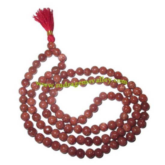 Picture of Sunstone (gold stone) semi precious stone, gemstone 7mm to 8mm round 108+1 beads knotted mala
