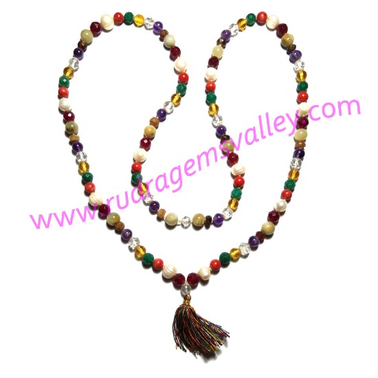 Picture of Navratan mala, navaratan prayer mala, navaratna japa mala, nine gems mala, multistone prayer mala, weight approx 64.80 grams