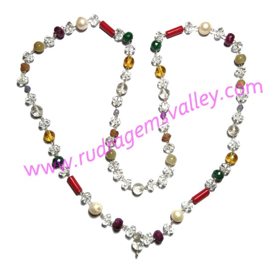 Picture of Navratan mala in real silver (sterling silver), navaratan prayer mala, navaratna japa mala, nine gems mala, multistone prayer mala, weight approx 34 grams