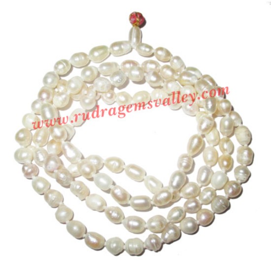 Picture of Fresh water pearl prayer mala of 5mm to 7mm 108+1 beautiful pearls; weight approx 26.2. It represents moon and cures depression, insanity, mind, heart, eyesight, menstrual related problems etc.