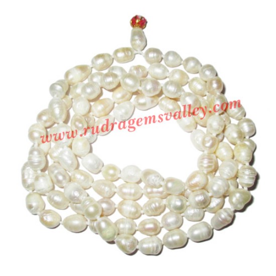Picture of Fresh water pearl prayer mala of 6x8.5mm 108+1 beautiful pearls; weight approx 49.38. It represents moon and cures depression, insanity, mind, heart, eyesight, menstrual related problems etc.