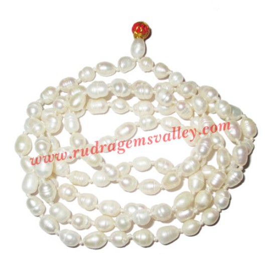 Picture of Fresh water pearl prayer mala of 5x7mm 108+1 beautiful pearls; weight approx 25.66. It represents moon and cures depression, insanity, mind, heart, eyesight, menstrual related problems etc.