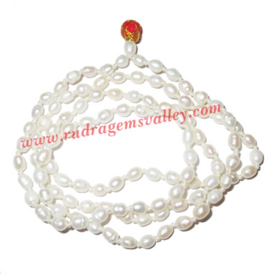 Picture of Fresh water pearl prayer mala of 3x4mm 108+1 beautiful pearls; weight approx 10.71. It represents moon and cures depression, insanity, mind, heart, eyesight, menstrual related problems etc.
