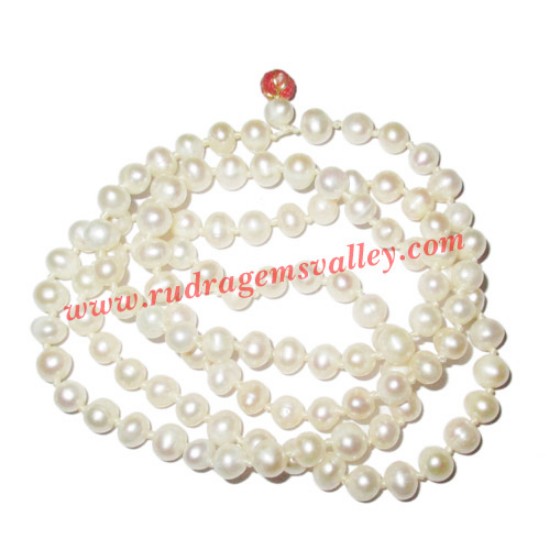 Picture of Fresh water pearl prayer mala of 8x11mm 108+1 beautiful pearls; weight approx 68.62. It represents moon and cures depression, insanity, mind, heart, eyesight, menstrual related problems etc.