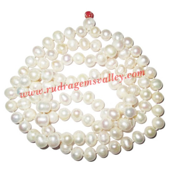 Picture of Fresh water pearl prayer mala of 8mm to 10mm 108+1 beautiful pearls; weight approx 98.15. It represents moon and cures depression, insanity, mind, heart, eyesight, menstrual related problems etc.