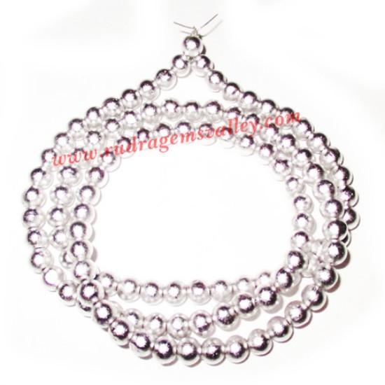 Picture of Parad mercury beads mala, string-necklace of 6mm round parad beads for japa prayer, weight approx 105 grams. It is used for chanting mantras for spiritual attainments as well as multiple health benefits including diabetes, blood pressure and heart disease