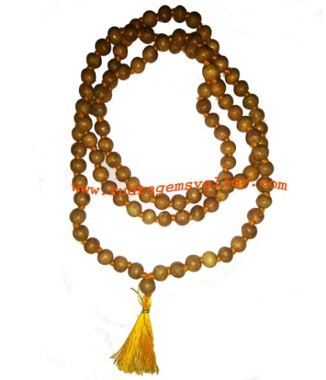 Picture of Bael wood beads 9mm mala 108+1 beads knotted, wood apple beads mala, vilvamaran beads mala, bael (aegle marmelos) beads prayer mala. Pack of 1 mala.