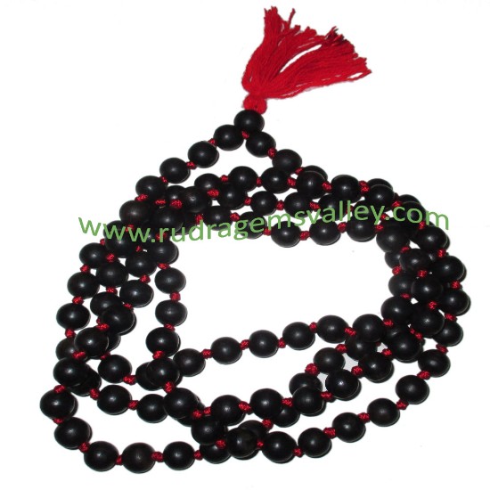 Picture of Real Ebony Wood Beads String (mala of 108+1 beads knotted), karungali mala, made of fine quality handmade 6mm round black wood beads, pack of 1 string.