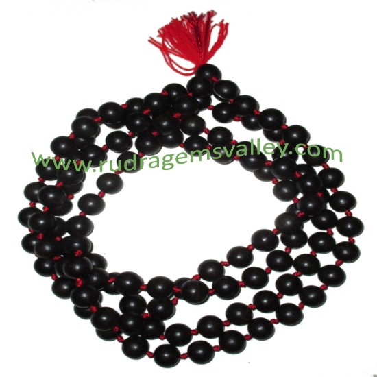 Picture of Real Ebony Wood Beads String (mala of 108+1 beads knotted), karungali mala, made of fine quality handmade 8mm round black wood beads, pack of 1 string.