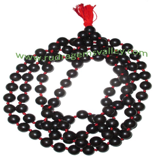 Picture of Real Ebony Wood Beads String (mala of 108+1 beads knotted), karungali mala, made of fine quality handmade 10mm round black wood beads, pack of 1 string.