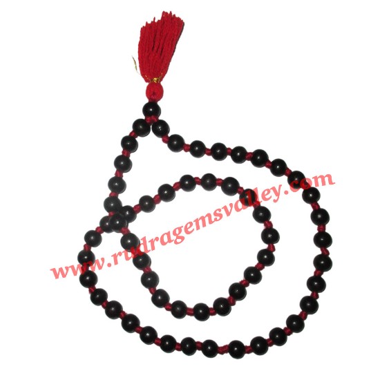 Picture of Real Ebony Wood Beads String (mala of 54+1 beads knotted), karungali mala, made of fine quality handmade 10mm round black wood beads, pack of 1 string.