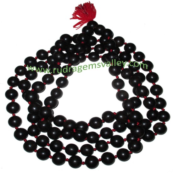Picture of Real Ebony Wood Beads String (mala of 108+1 beads knotted), karungali mala, made of fine quality handmade 12mm round black wood beads, pack of 1 string.