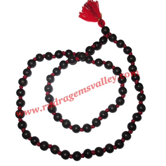 Picture of Real Ebony Wood Beads String (mala of 54+1 beads knotted), karungali mala, made of fine quality handmade 12mm round black wood beads, pack of 1 string.