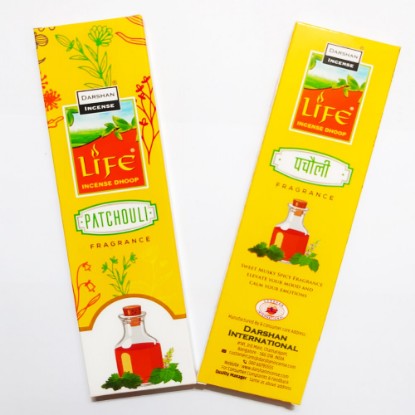Picture of Darshan Life Patchouli dry dhoop stick, pleasant fragrance for creating peaceful and divine prayer environment. Stick size 8 inch, number of sticks 15 pcs. in a box, burning time 90 minutes approx, weight approx 90 grams.