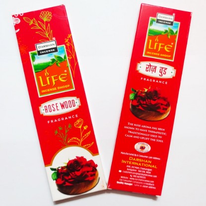 Picture of Darshan Life Rose Wood dry dhoop stick, pleasant fragrance for creating peaceful and divine prayer environment. Stick size 8 inch, number of sticks 15 pcs. in a box, burning time 90 minutes approx, weight approx 90 grams.