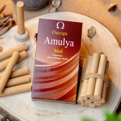 Picture of Omega Amulya Musk Bambooless Thick Dhoop Sticks, pleasant fragrance for creating peaceful and divine prayer environment. Stick size 3 inch, 10 pcs. in a packet, burning time 30-35 minutes approx.