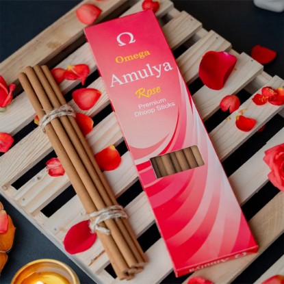 Picture of Omega Amulya Rose Fragrance Bambooless 9 inch Dhoop Sticks, pleasant fragrance for creating peaceful and divine prayer environment. Stick size 9 inches, weight 80 gram, burning time one hour approx.