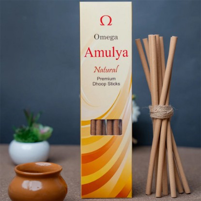 Picture of Omega Amulya Natural Fragrance Bambooless 9 inch Dhoop Sticks, pleasant fragrance for creating peaceful and divine prayer environment. Stick size 9 inches, weight 80 gram, burning time one hour approx.