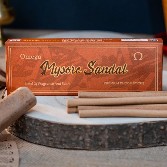 Picture of Omega Mysore Sandal Premium Dhoop Sticks, pleasant fragrance for creating peaceful and divine prayer environment. Stick size 6 inches, 10 pcs. in a packet, burning time 35-40 minutes approx.