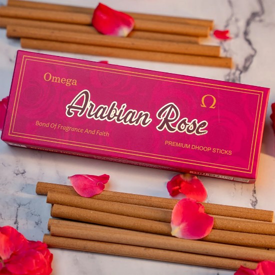 Picture of Omega Arabian Rose Premium Dhoop Sticks, pleasant fragrance for creating peaceful and divine prayer environment. Stick size 6 inches, 10 pcs. in a packet, burning time 35-40 minutes approx.