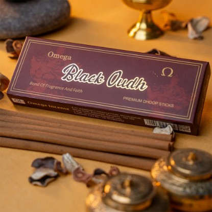 Picture of Omega Black Oudh Premium Dhoop Sticks, pleasant fragrance for creating peaceful and divine prayer environment. Stick size 6 inches, 10 pcs. in a packet, burning time 35-40 minutes approx.
