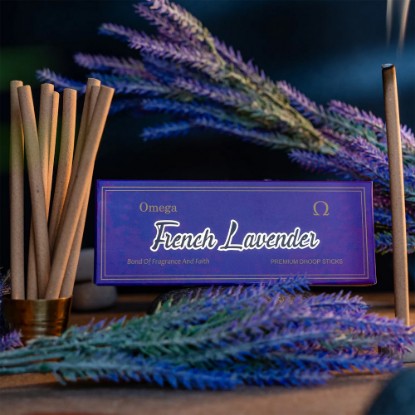 Picture of Omega French Lavender Premium Dhoop Sticks, pleasant fragrance for creating peaceful and divine prayer environment. Stick size 6 inches, 10 pcs. in a packet, burning time 35-40 minutes approx.
