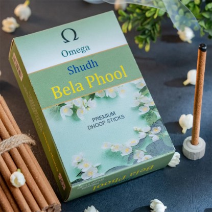 Picture of Omega Shudh Bela Phool Premium Bambooless Dhoop Sticks, pleasant fragrance for creating peaceful and divine prayer environment. Stick size 4 inches, weight 120 grams, burning time 40 minutes approx.